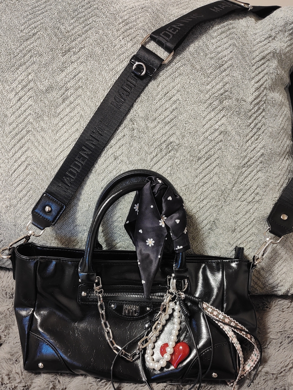 Steve Madden NYC Black Faux Patent Shoulder Bag W/Charms & Detachable Logo Strap